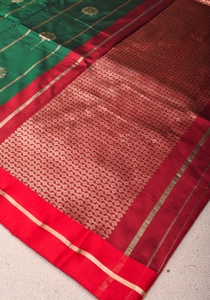 Bottle Green Banarasi Katan Silk Saree with Vertical Stripes, Alfi Buttas and Contrast Red Border | SILK MARK CERTIFIED