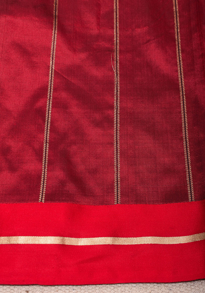 Bottle Green Banarasi Katan Silk Saree with Vertical Stripes, Alfi Buttas and Contrast Red Border | SILK MARK CERTIFIED
