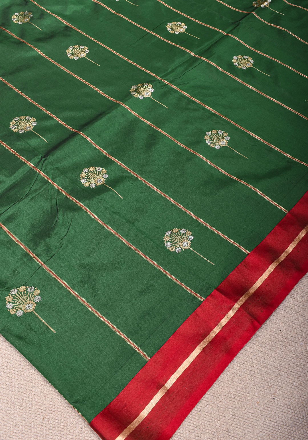 Bottle Green Banarasi Katan Silk Saree with Vertical Stripes, Alfi Buttas and Contrast Red Border | SILK MARK CERTIFIED