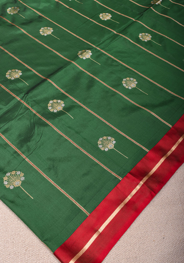 Bottle Green Banarasi Katan Silk Saree with Vertical Stripes, Alfi Buttas and Contrast Red Border | SILK MARK CERTIFIED