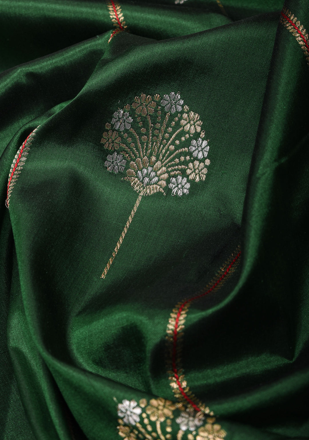 Bottle Green Banarasi Katan Silk Saree with Vertical Stripes, Alfi Buttas and Contrast Red Border | SILK MARK CERTIFIED