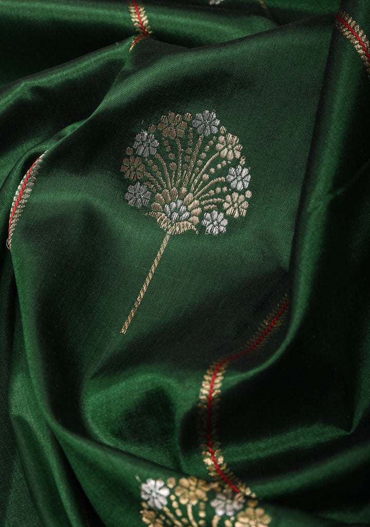 Bottle Green Banarasi Katan Silk Saree with Vertical Stripes, Alfi Buttas and Contrast Red Border | SILK MARK CERTIFIED