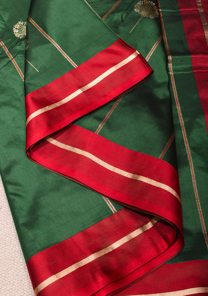 Bottle Green Banarasi Katan Silk Saree with Vertical Stripes, Alfi Buttas and Contrast Red Border | SILK MARK CERTIFIED