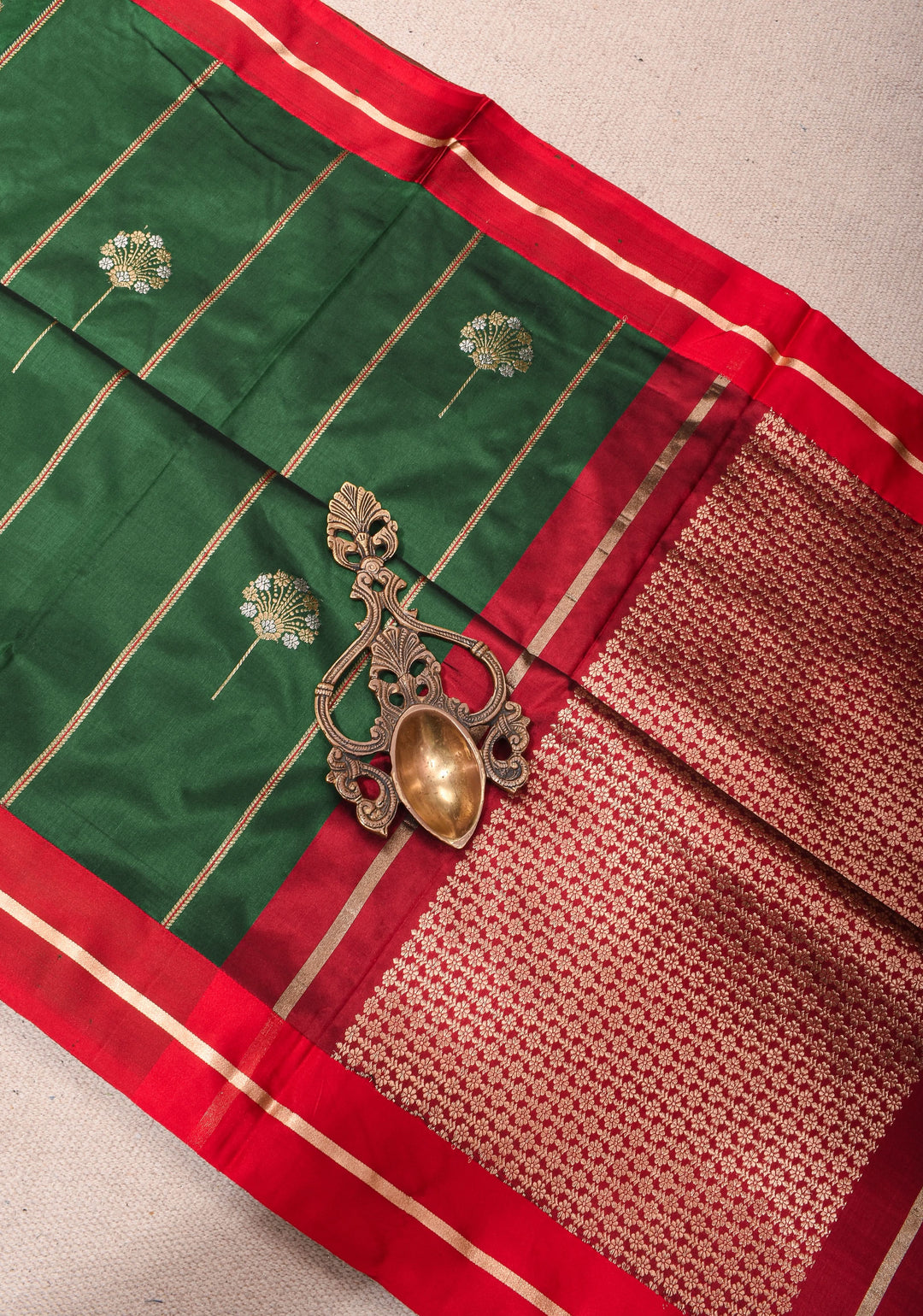 Bottle Green Banarasi Katan Silk Saree with Vertical Stripes, Alfi Buttas and Contrast Red Border | SILK MARK CERTIFIED