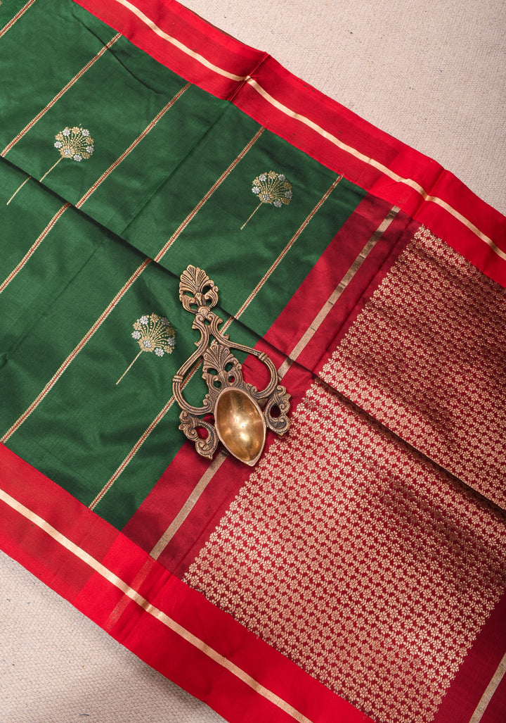Bottle Green Banarasi Katan Silk Saree with Vertical Stripes, Alfi Buttas and Contrast Red Border | SILK MARK CERTIFIED