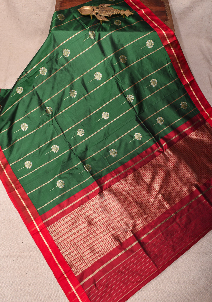 Bottle Green Banarasi Katan Silk Saree with Vertical Stripes, Alfi Buttas and Contrast Red Border | SILK MARK CERTIFIED
