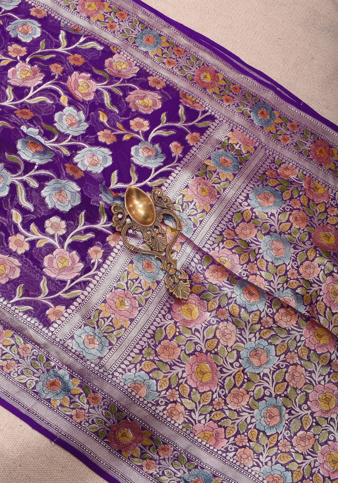Hand Brush Dye Purple Banarasi Pure Silk Georgette Saree with floral zari border | SILK MARK CERTIFIED