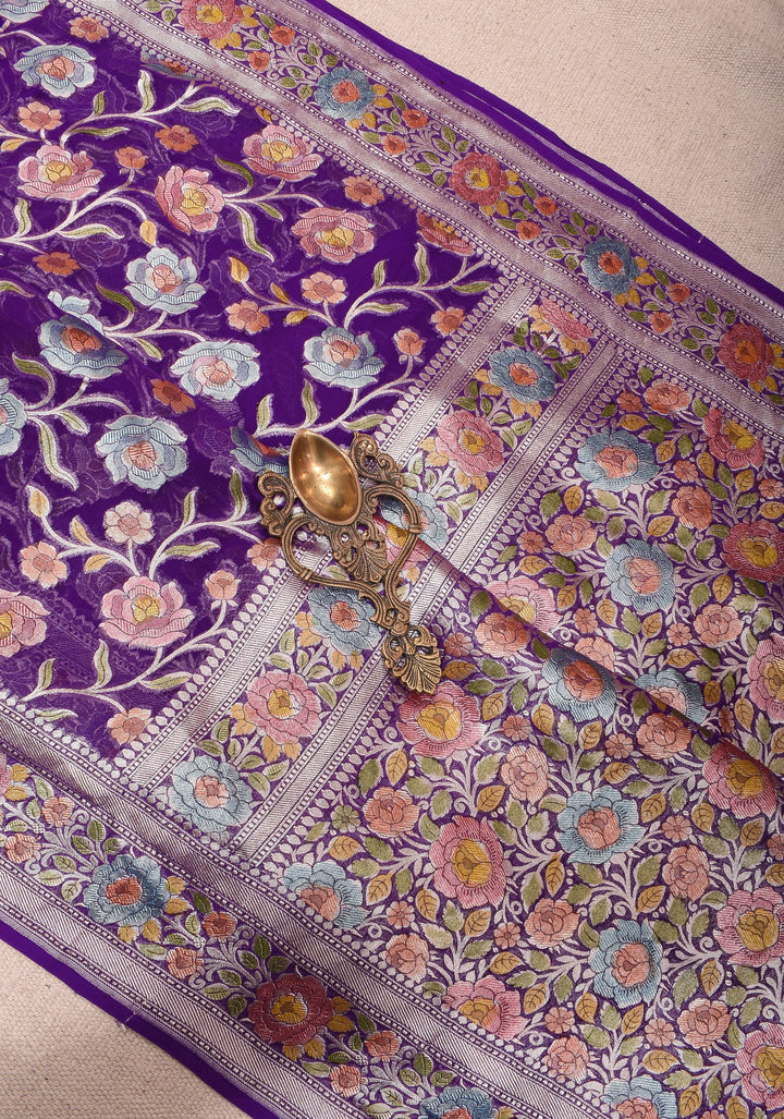 Hand Brush Dye Purple Banarasi Pure Silk Georgette Saree with floral zari border | SILK MARK CERTIFIED