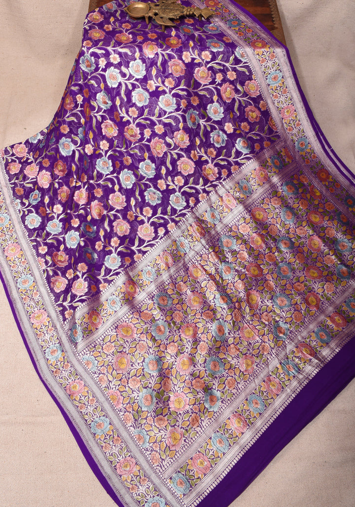 Hand Brush Dye Purple Banarasi Pure Silk Georgette Saree with floral zari border | SILK MARK CERTIFIED