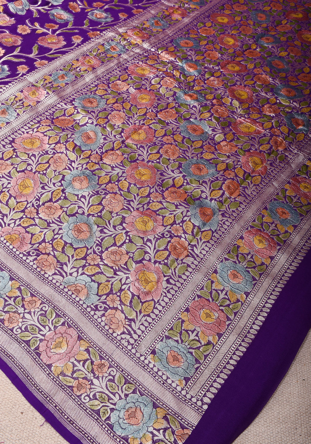 Hand Brush Dye Purple Banarasi Pure Silk Georgette Saree with floral zari border | SILK MARK CERTIFIED