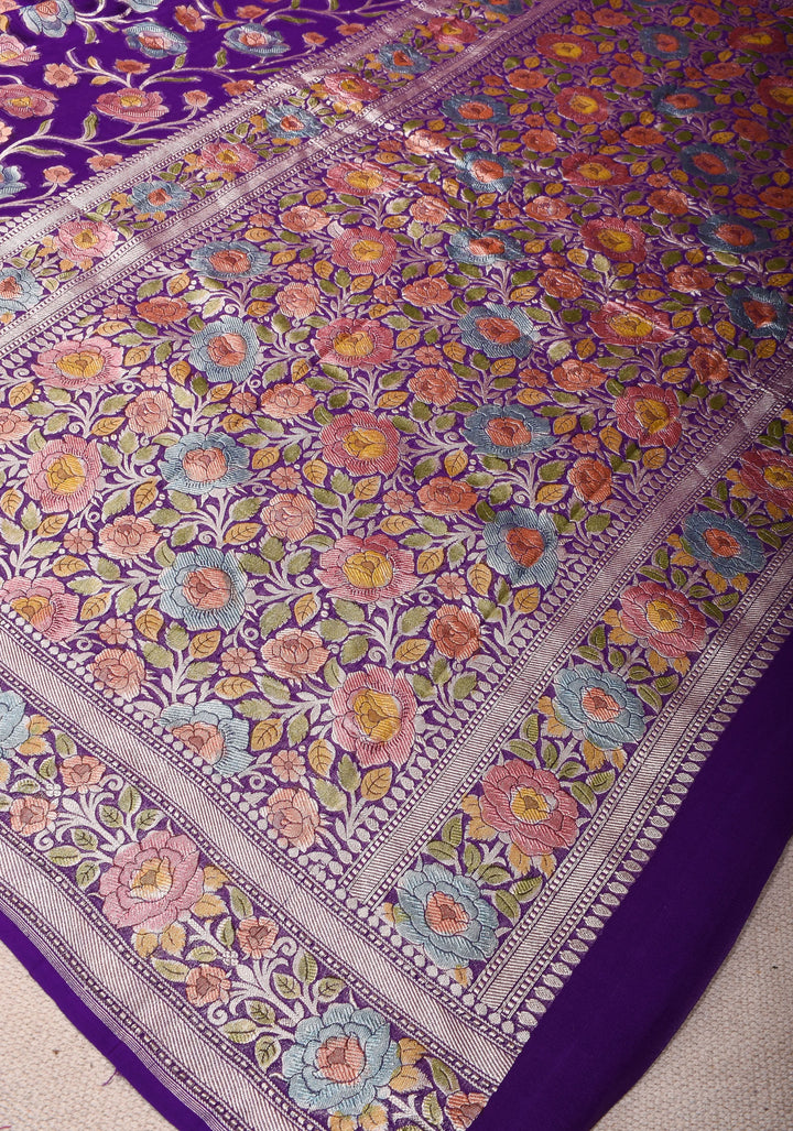Hand Brush Dye Purple Banarasi Pure Silk Georgette Saree with floral zari border | SILK MARK CERTIFIED