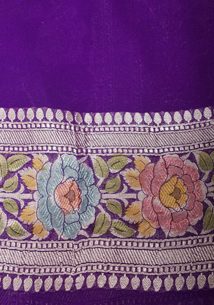 Hand Brush Dye Purple Banarasi Pure Silk Georgette Saree with floral zari border | SILK MARK CERTIFIED