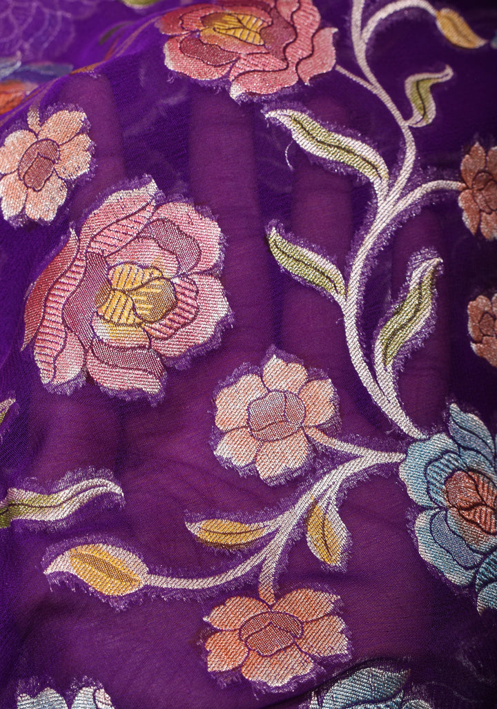 Hand Brush Dye Purple Banarasi Pure Silk Georgette Saree with floral zari border | SILK MARK CERTIFIED