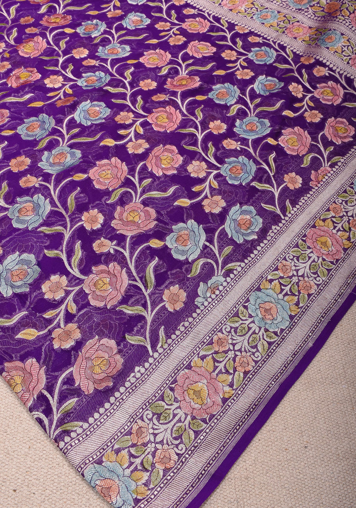 Hand Brush Dye Purple Banarasi Pure Silk Georgette Saree with floral zari border | SILK MARK CERTIFIED