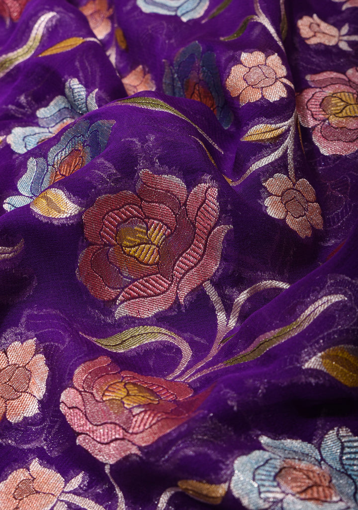 Hand Brush Dye Purple Banarasi Pure Silk Georgette Saree with floral zari border | SILK MARK CERTIFIED