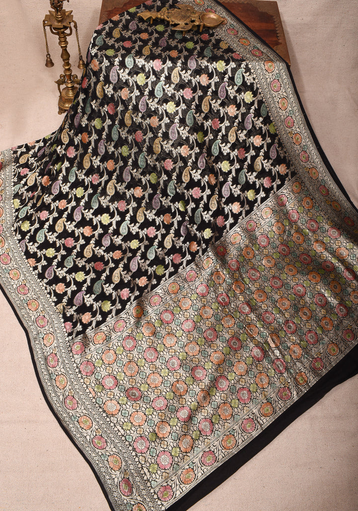 Hand Brush Dye Floral Jaal Pure Banarasi Silk Georgette Saree in Black with Zari Border | SILK MARK CERTIFIED