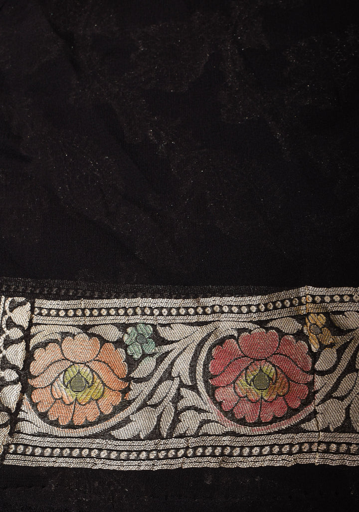 Hand Brush Dye Floral Jaal Pure Banarasi Silk Georgette Saree in Black with Zari Border | SILK MARK CERTIFIED