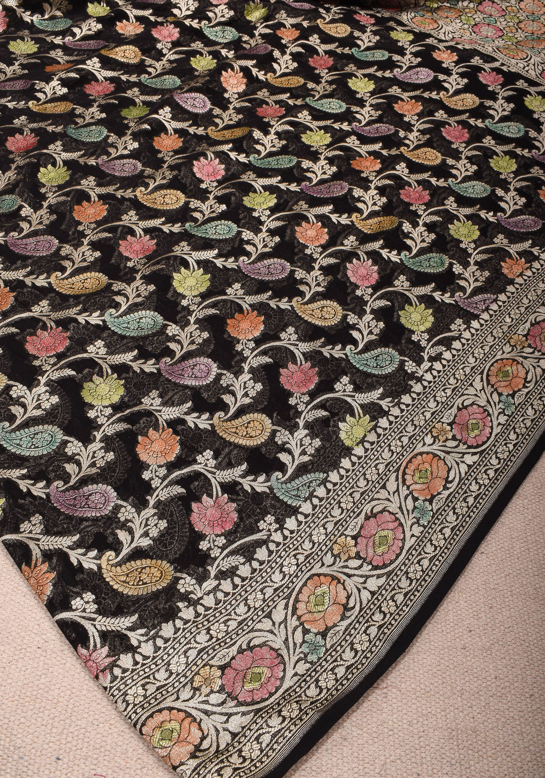 Hand Brush Dye Floral Jaal Pure Banarasi Silk Georgette Saree in Black with Zari Border | SILK MARK CERTIFIED