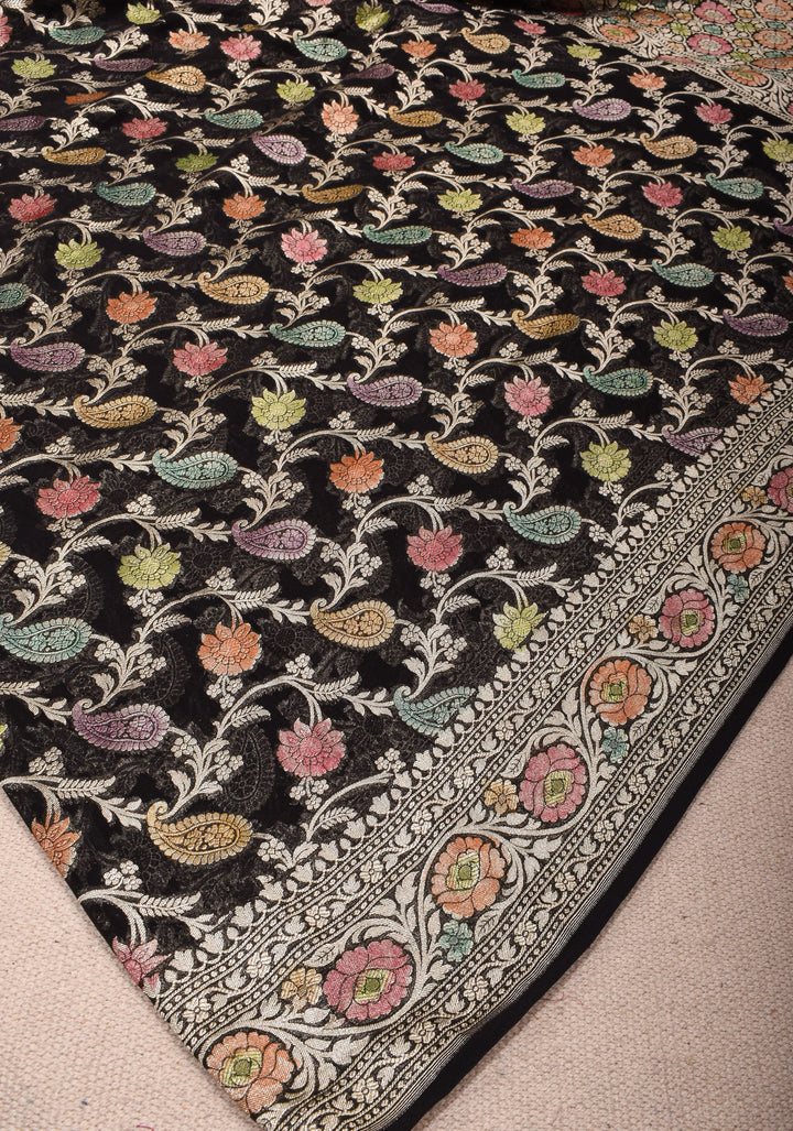 Hand Brush Dye Floral Jaal Pure Banarasi Silk Georgette Saree in Black with Zari Border | SILK MARK CERTIFIED