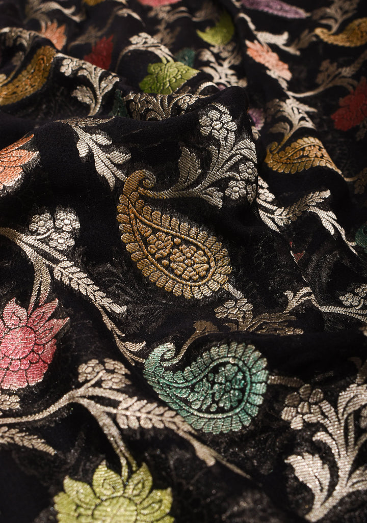 Hand Brush Dye Floral Jaal Pure Banarasi Silk Georgette Saree in Black with Zari Border | SILK MARK CERTIFIED