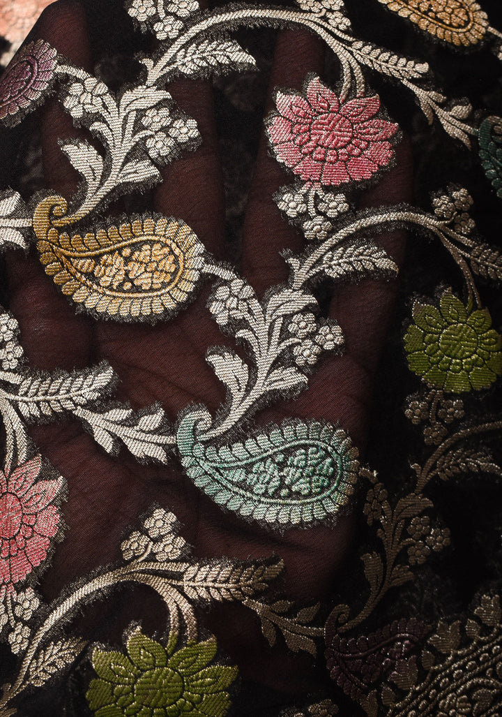Hand Brush Dye Floral Jaal Pure Banarasi Silk Georgette Saree in Black with Zari Border | SILK MARK CERTIFIED