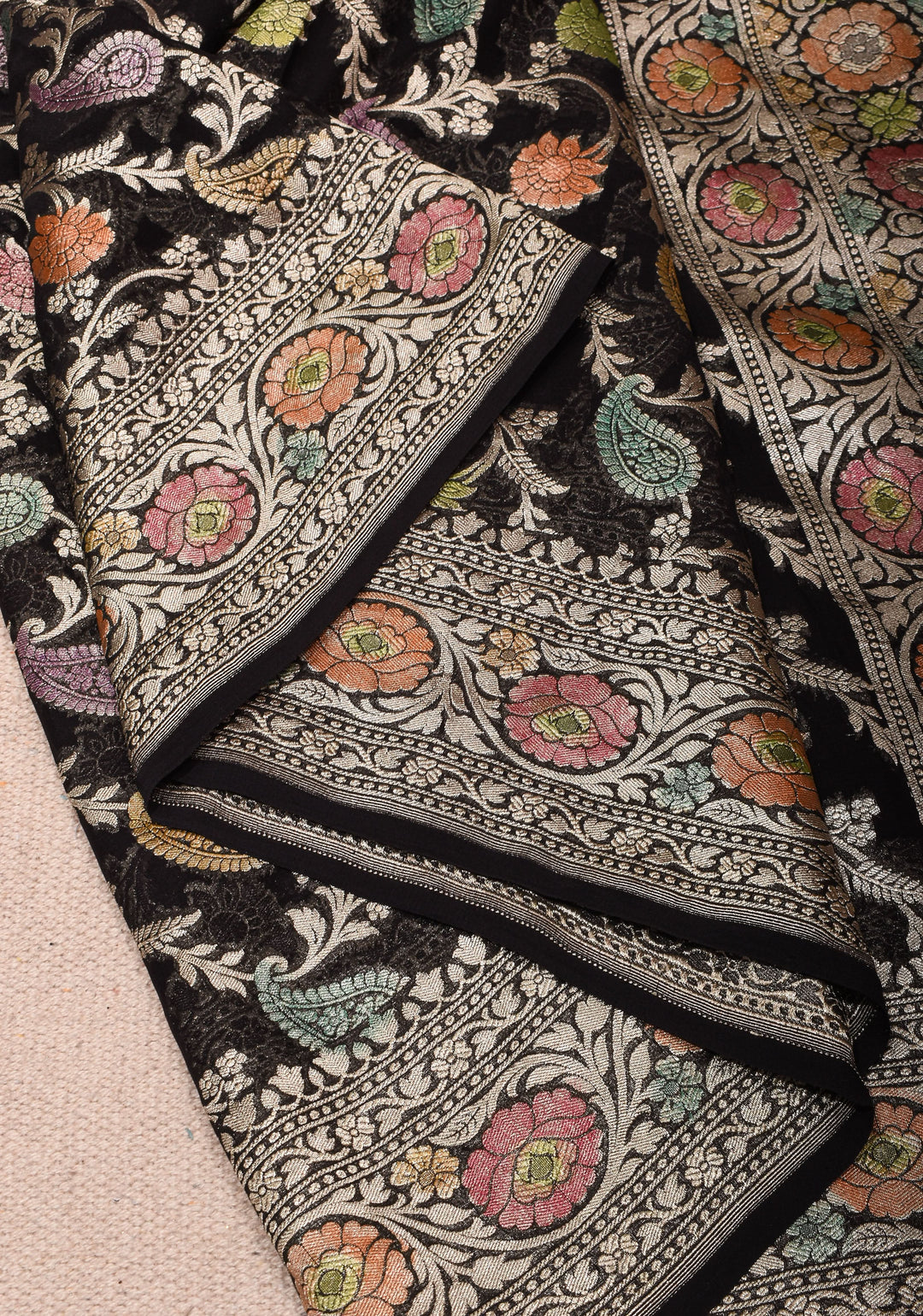 Hand Brush Dye Floral Jaal Pure Banarasi Silk Georgette Saree in Black with Zari Border | SILK MARK CERTIFIED