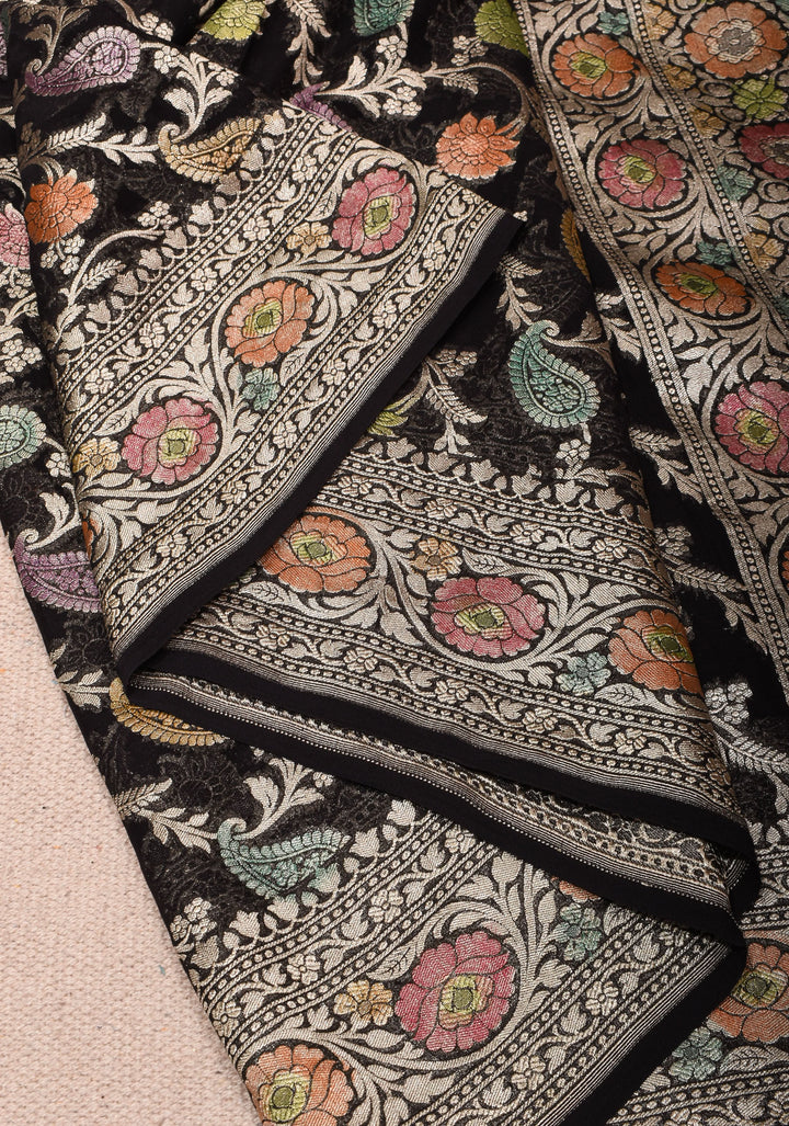 Hand Brush Dye Floral Jaal Pure Banarasi Silk Georgette Saree in Black with Zari Border | SILK MARK CERTIFIED