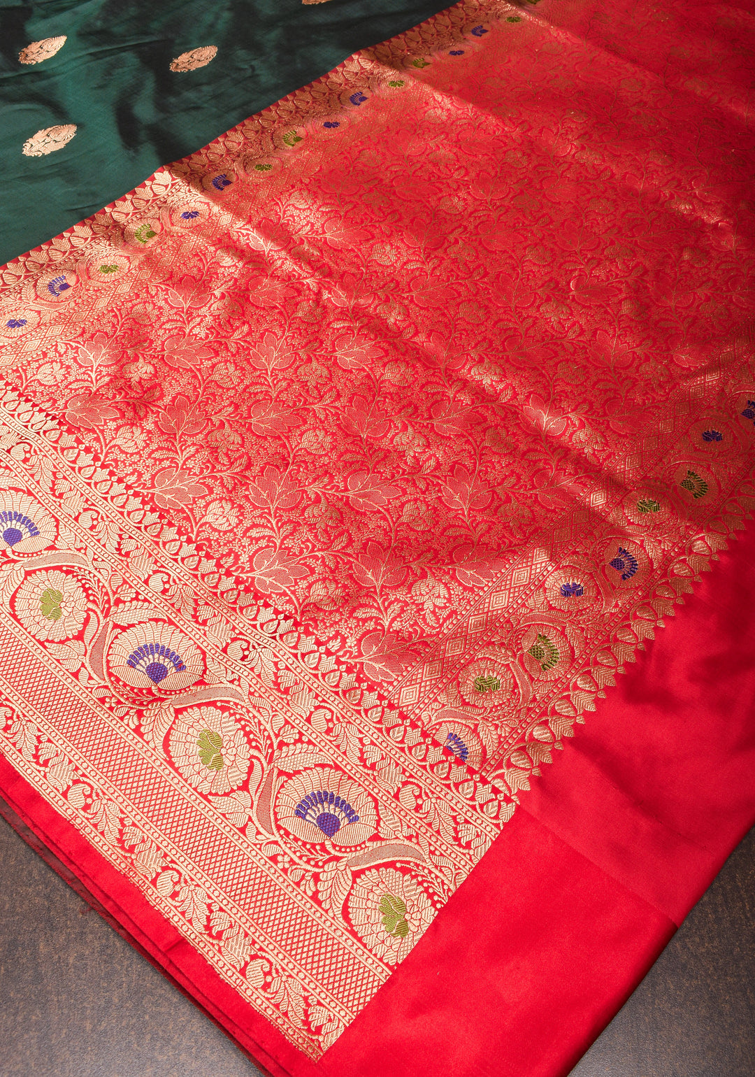 Mineral Green Banarasi Katan Silk Saree with Floral Buttas and Meenakari Borders | SILK MARK CERTIFIED