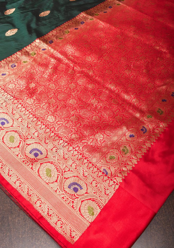 Mineral Green Banarasi Katan Silk Saree with Floral Buttas and Meenakari Borders | SILK MARK CERTIFIED