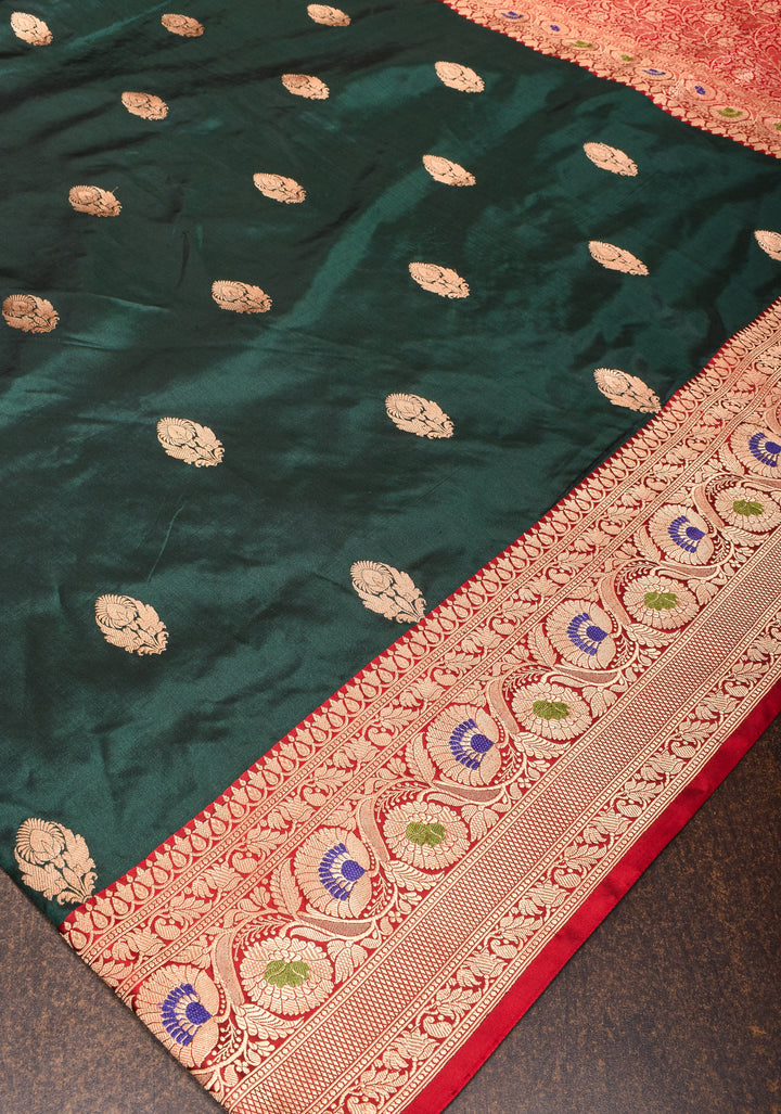 Mineral Green Banarasi Katan Silk Saree with Floral Buttas and Meenakari Borders | SILK MARK CERTIFIED