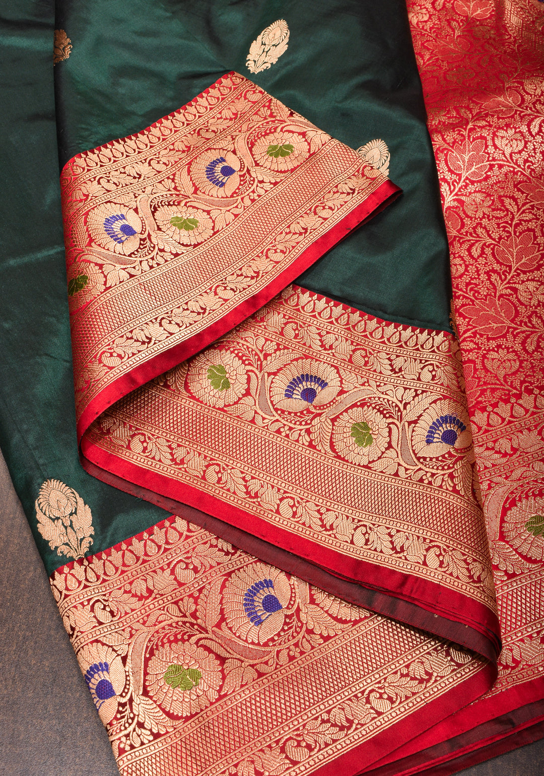 Mineral Green Banarasi Katan Silk Saree with Floral Buttas and Meenakari Borders | SILK MARK CERTIFIED