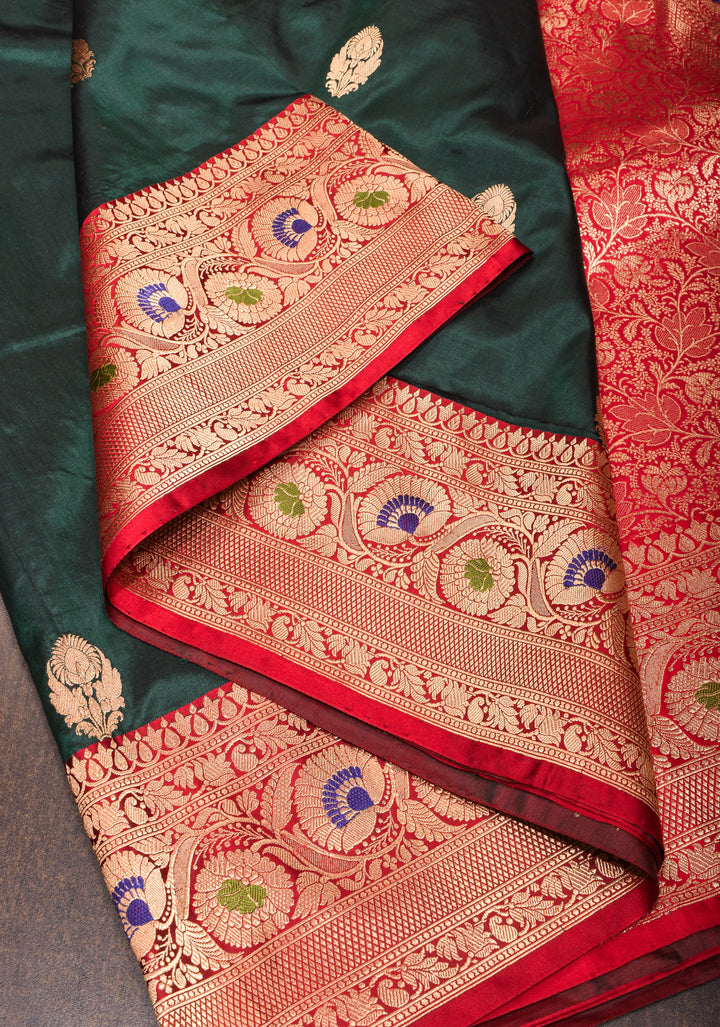 Mineral Green Banarasi Katan Silk Saree with Floral Buttas and Meenakari Borders | SILK MARK CERTIFIED