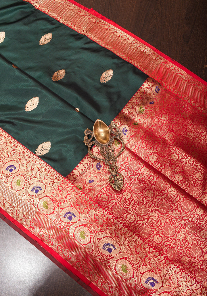 Mineral Green Banarasi Katan Silk Saree with Floral Buttas and Meenakari Borders | SILK MARK CERTIFIED