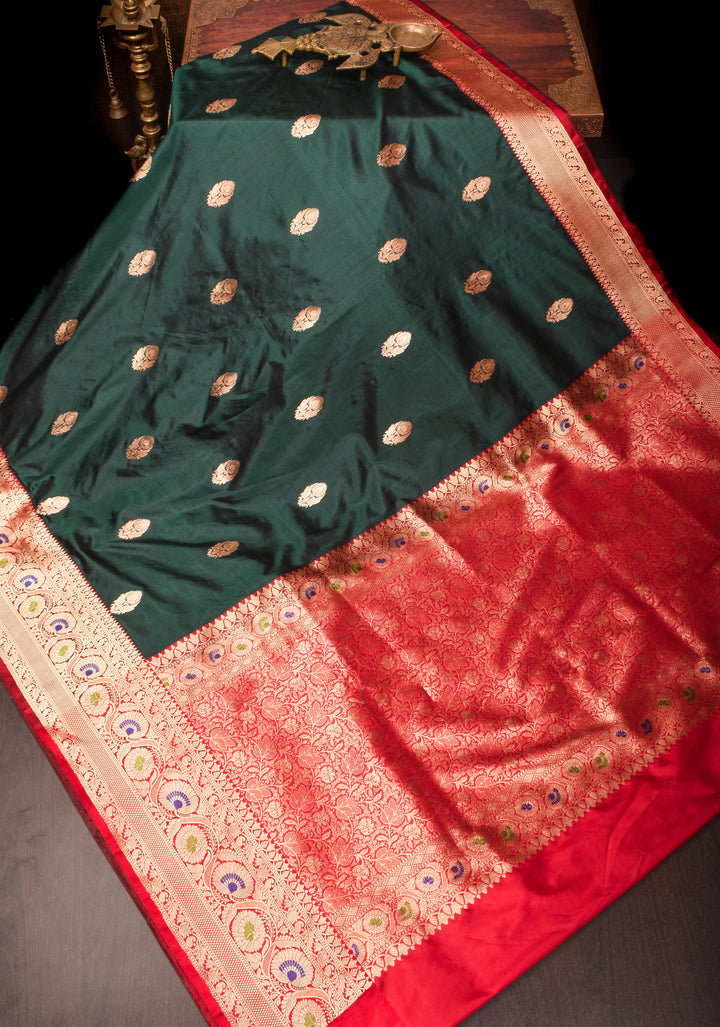Mineral Green Banarasi Katan Silk Saree with Floral Buttas and Meenakari Borders | SILK MARK CERTIFIED