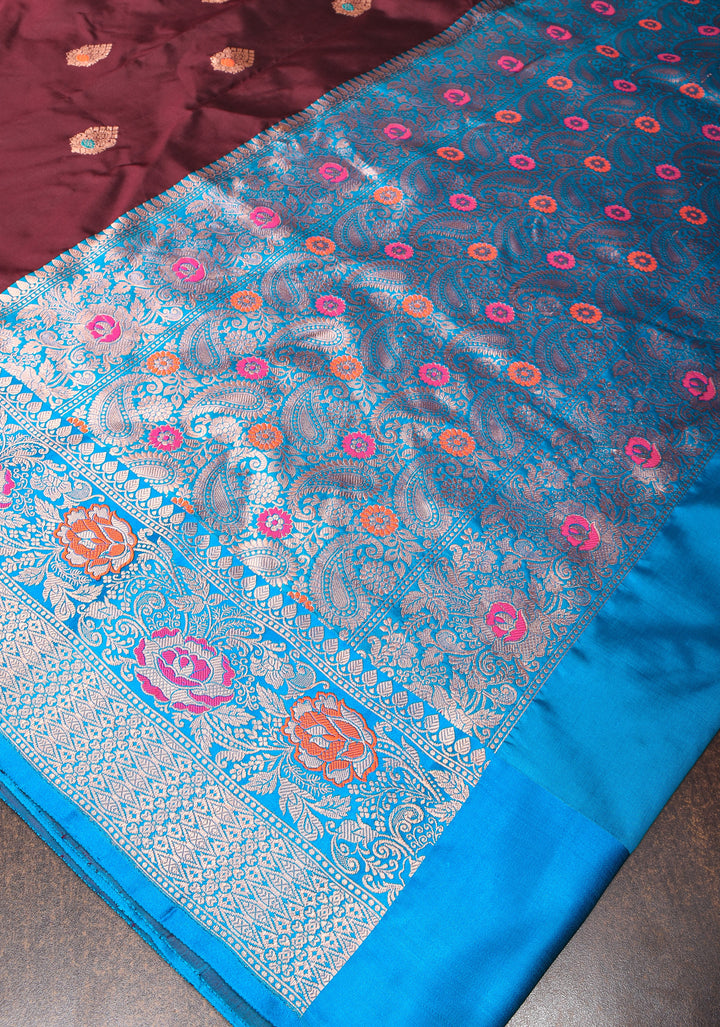 Chocolate Brown Banarasi Katan Silk Saree with Meenakari Buttas and Contrast Blue Borders| SILK MARK CERTIFIED