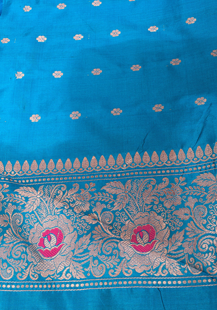 Chocolate Brown Banarasi Katan Silk Saree with Meenakari Buttas and Contrast Blue Borders| SILK MARK CERTIFIED