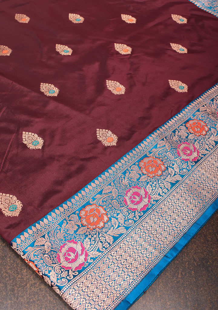 Chocolate Brown Banarasi Katan Silk Saree with Meenakari Buttas and Contrast Blue Borders| SILK MARK CERTIFIED