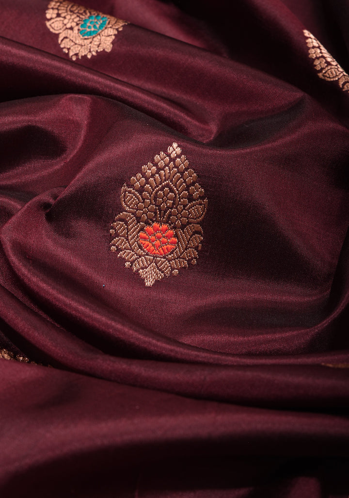 Chocolate Brown Banarasi Katan Silk Saree with Meenakari Buttas and Contrast Blue Borders| SILK MARK CERTIFIED