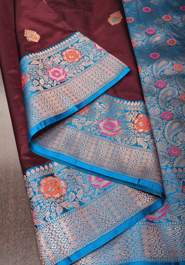 Chocolate Brown Banarasi Katan Silk Saree with Meenakari Buttas and Contrast Blue Borders| SILK MARK CERTIFIED