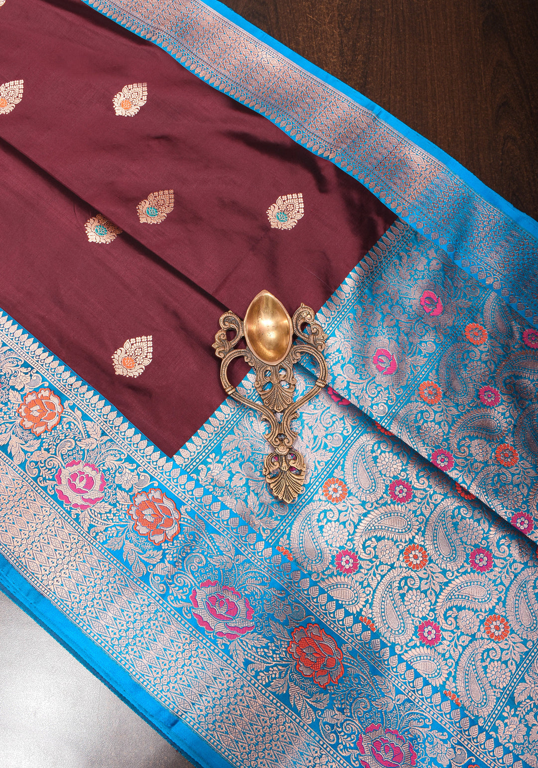 Chocolate Brown Banarasi Katan Silk Saree with Meenakari Buttas and Contrast Blue Borders| SILK MARK CERTIFIED