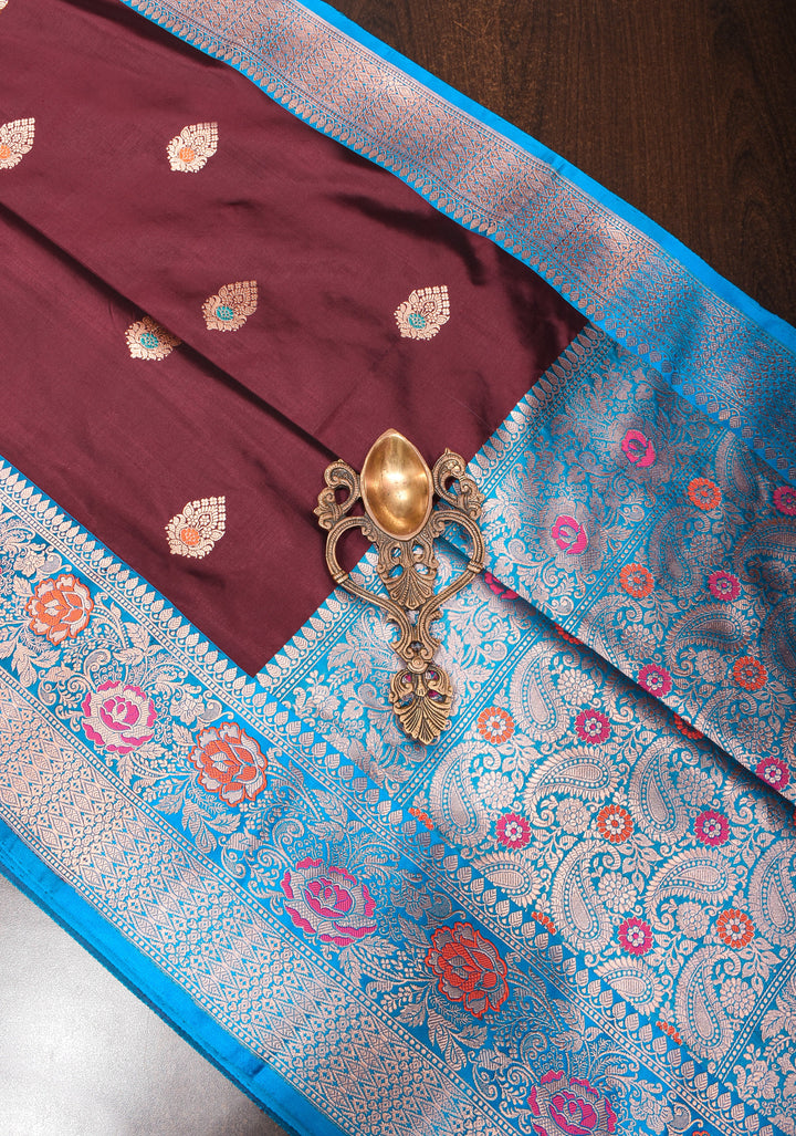 Chocolate Brown Banarasi Katan Silk Saree with Meenakari Buttas and Contrast Blue Borders| SILK MARK CERTIFIED