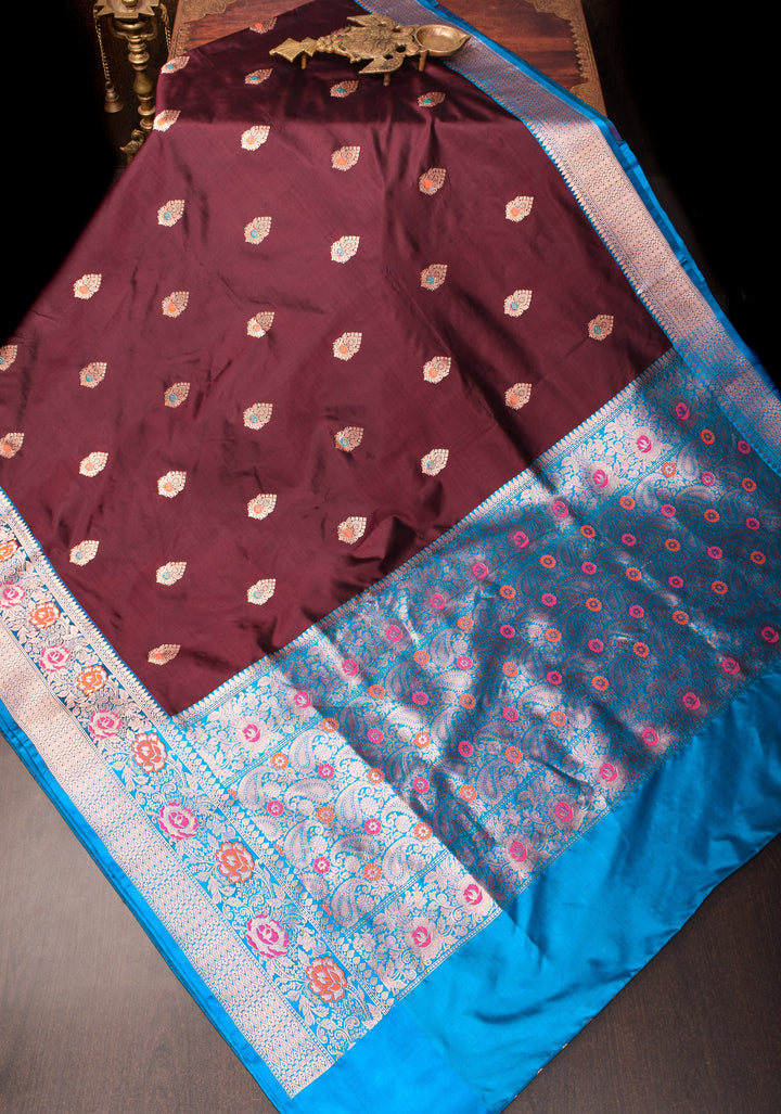 Chocolate Brown Banarasi Katan Silk Saree with Meenakari Buttas and Contrast Blue Borders| SILK MARK CERTIFIED
