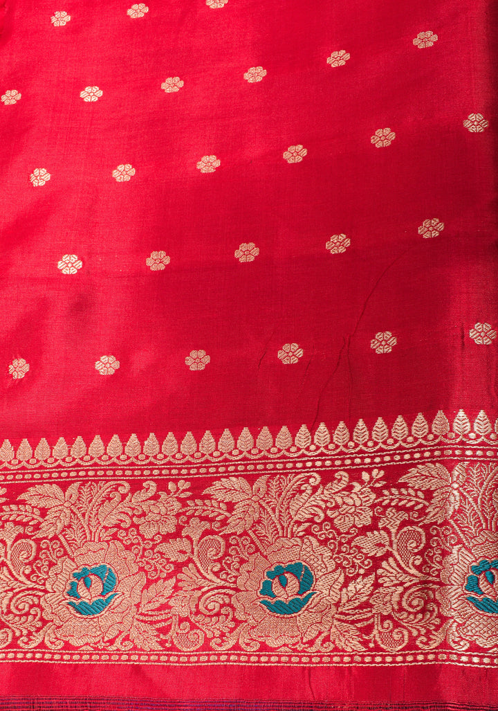 Purple Banarasi Katan Silk Saree with Meenakari Buttas and Contrast Red Border| SILK MARK CERTIFIED