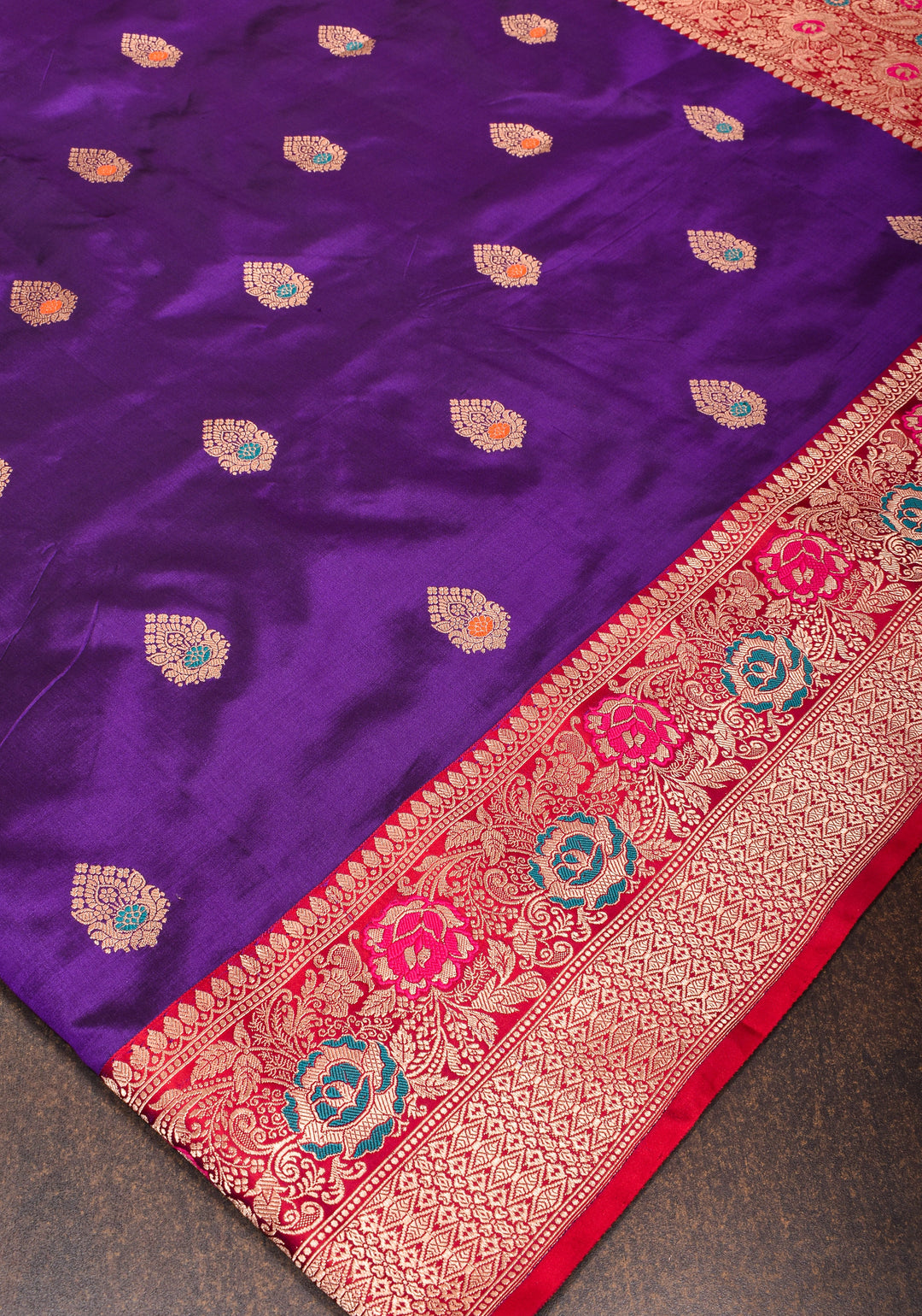Purple Banarasi Katan Silk Saree with Meenakari Buttas and Contrast Red Border| SILK MARK CERTIFIED