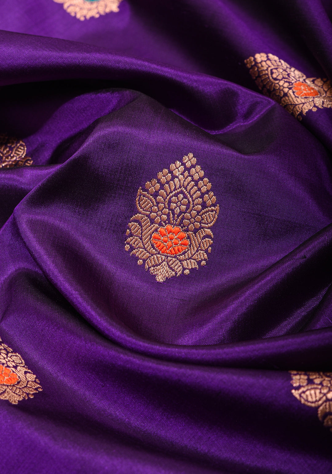Purple Banarasi Katan Silk Saree with Meenakari Buttas and Contrast Red Border| SILK MARK CERTIFIED