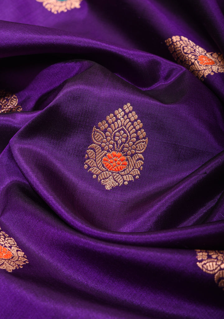 Purple Banarasi Katan Silk Saree with Meenakari Buttas and Contrast Red Border| SILK MARK CERTIFIED