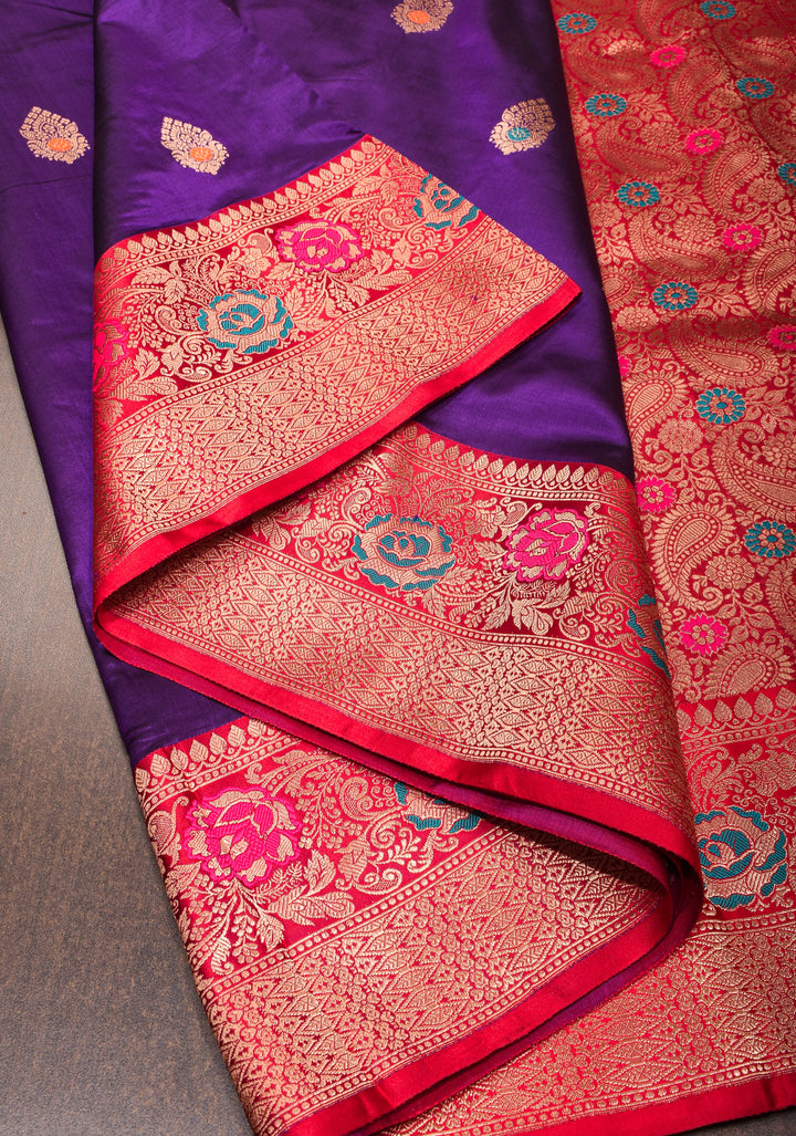 Purple Banarasi Katan Silk Saree with Meenakari Buttas and Contrast Red Border| SILK MARK CERTIFIED