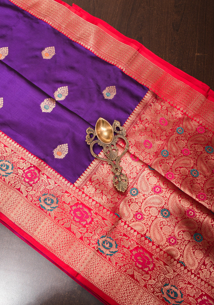 Purple Banarasi Katan Silk Saree with Meenakari Buttas and Contrast Red Border| SILK MARK CERTIFIED