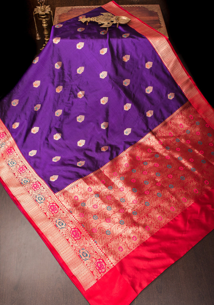 Purple Banarasi Katan Silk Saree with Meenakari Buttas and Contrast Red Border| SILK MARK CERTIFIED