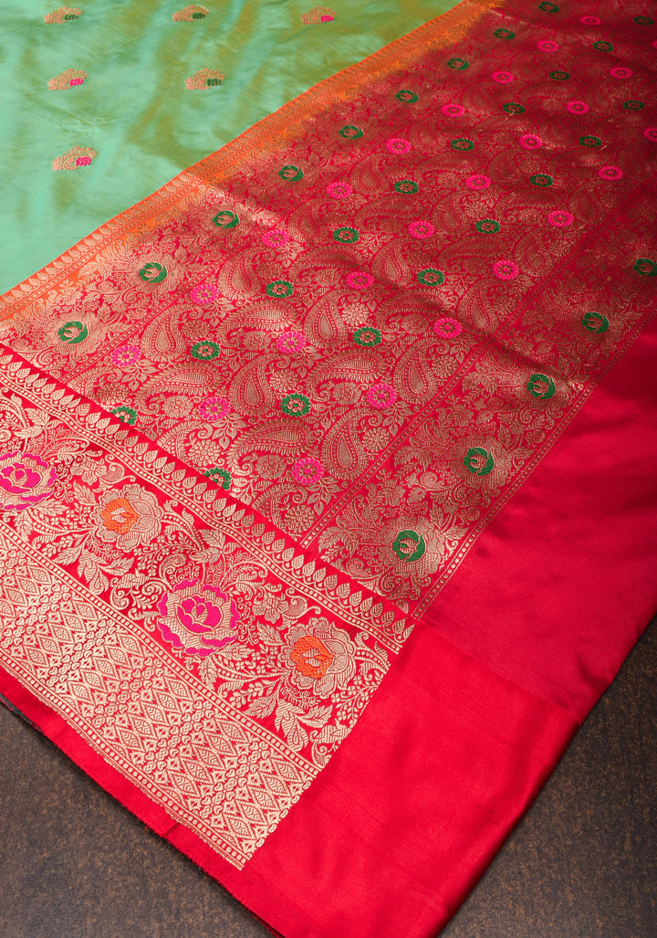 Green Dual tone Banarasi Katan Silk Saree with meenakari buttas and contrast red borders| SILK MARK CERTIFIED
